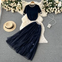 women striped glitter t shirt sequin embroidery mesh skirts suits tops vintage skirt sets elegant woman two piece set summer