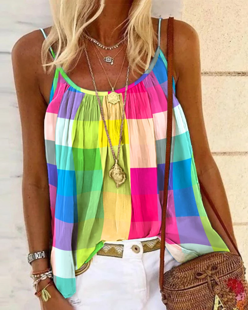 Summer Women Fashion Sleeveless Scoop Neck T-shirts Spaghetti Strap Daily Vacation Colorblock Plaid Print Flowy Cami Top