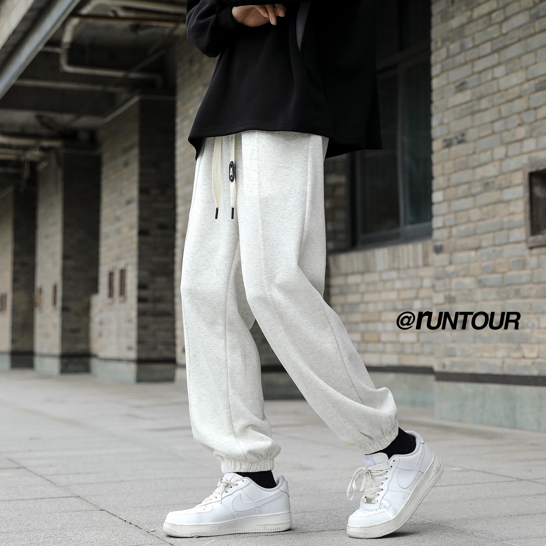 American vintage Black Heavy Sweatpants Men's Autumn Trendy Youth Pants Loose Ankle-tied Sports Casual Trousers