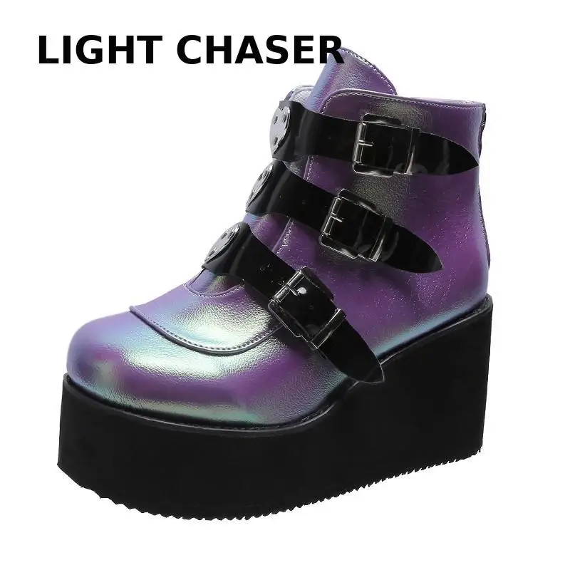 New Botas Women Motorcycle Ankle Boots Wedges Female Lace Up Platforms Spring Black Leather Oxford Shoes Women Botas Mujer 43