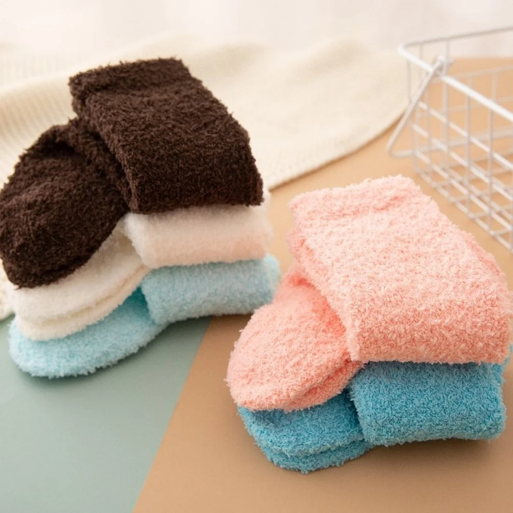 5 Pairs Autumn and Winter Plus Velvet Thickened Half Velvet Women Socks Solid Color Warm Coral Fleece Socks Sleep Floor Socks