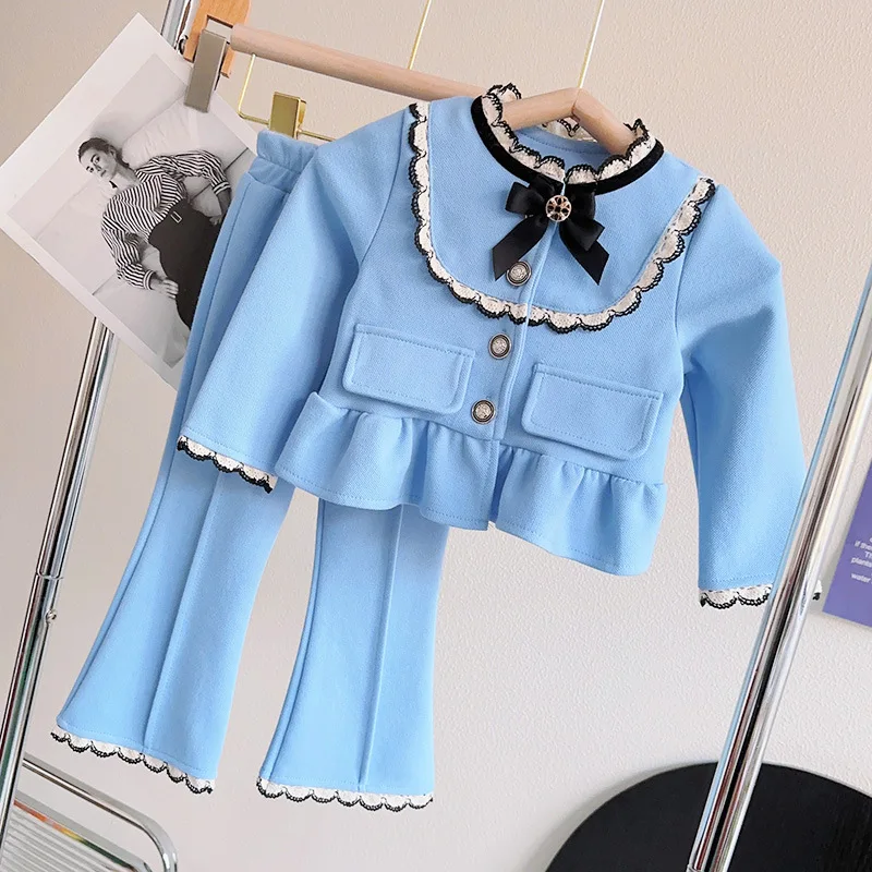 

Элегантный комплект одежды для девочек, зимнее флисовое пальто с длинным рукавом и пуговицами с оборками, синее милое пальто из двух предметов