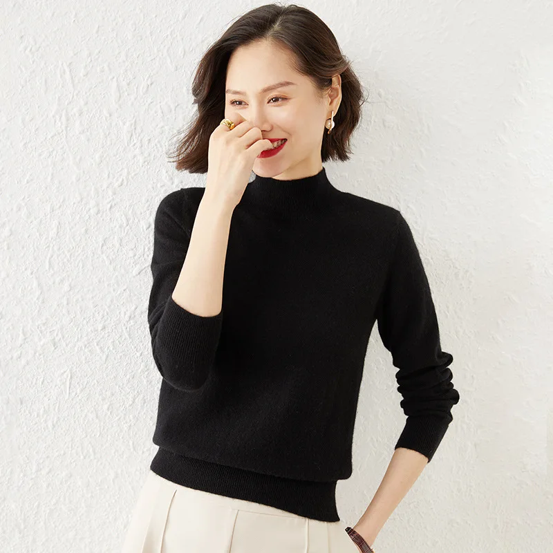 

New Half Turtleneck Sweater Women Autumn Winter Pullover Solid Color Loose Wool Base Sweater Women Jumper