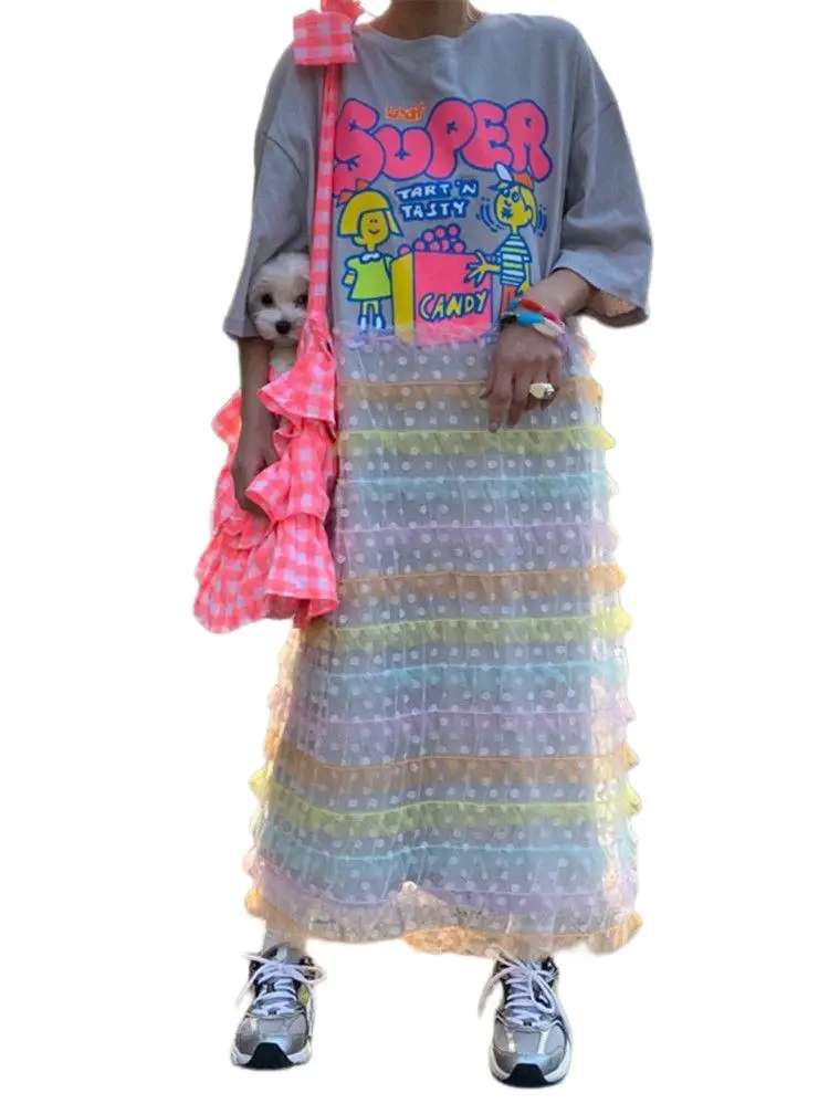 

PERHAPS U Causal Street Print O-Neck Sequined Mesh Spliced Rainbow Ruffles Loose Pleated Maxi Ankle Long Dress Long T-Shirt D399