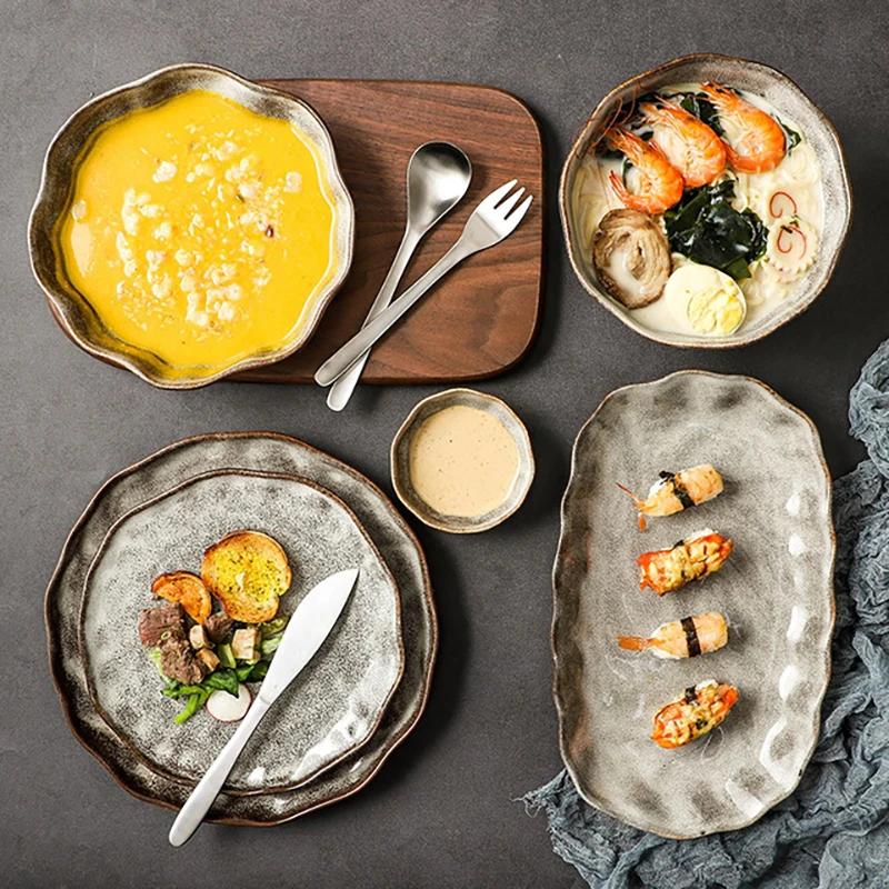 

1PC Japanese Style Retro Ceramic Rice Noodle Salad Dinner Bowl Round Steak Dessert Tray Plate Dishes Restaurant Tableware Set