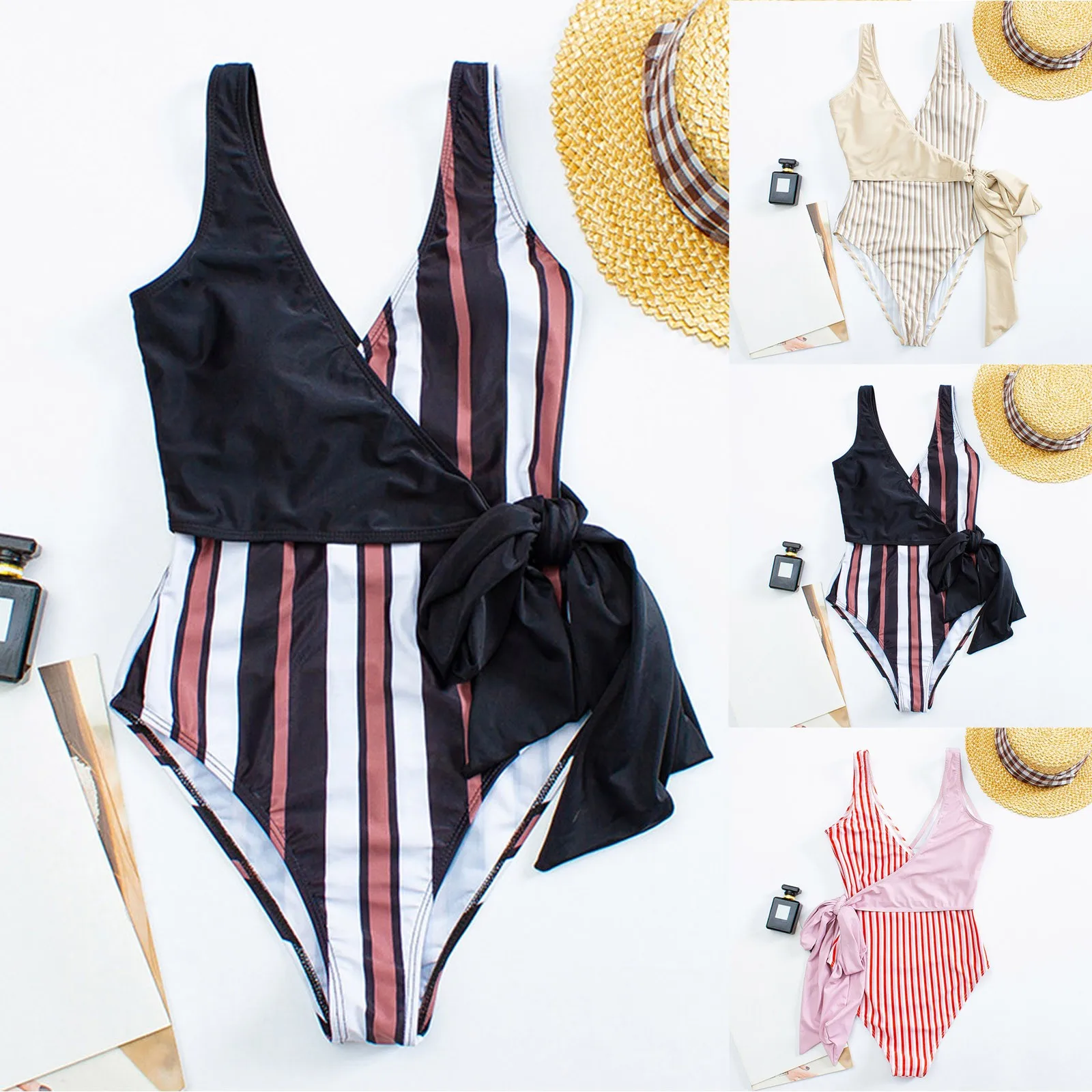 Женский однотонный купальник в полоску с цветочным рисунком бикини на бретелях