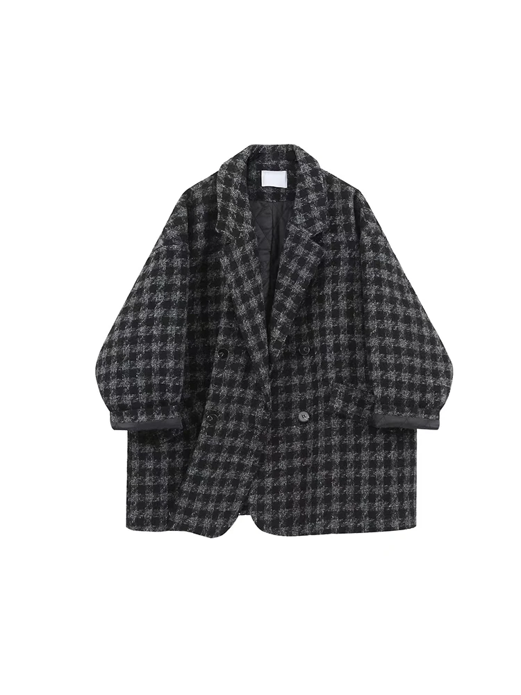 

2022 Women New Autumn Winter Vintage Contrast Color Plaid Turn-down Collar Outerwear Streetwear Loose Casual Warm Thick Coat