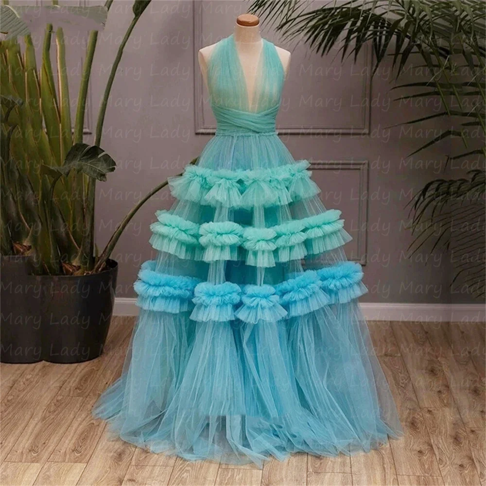 

Colorful Tulle Prom Dresses Tiered Formal Occasion Evening Gowns Elegant V Neck Floor Length Zip Back Vestido De Noche
