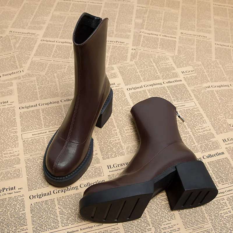 2022 Winter New Women's Knee Nude Boots Fashion Thick Heel PU Leather Back Zipper Thick Sole Chelsea Boots Women's Shoes 2