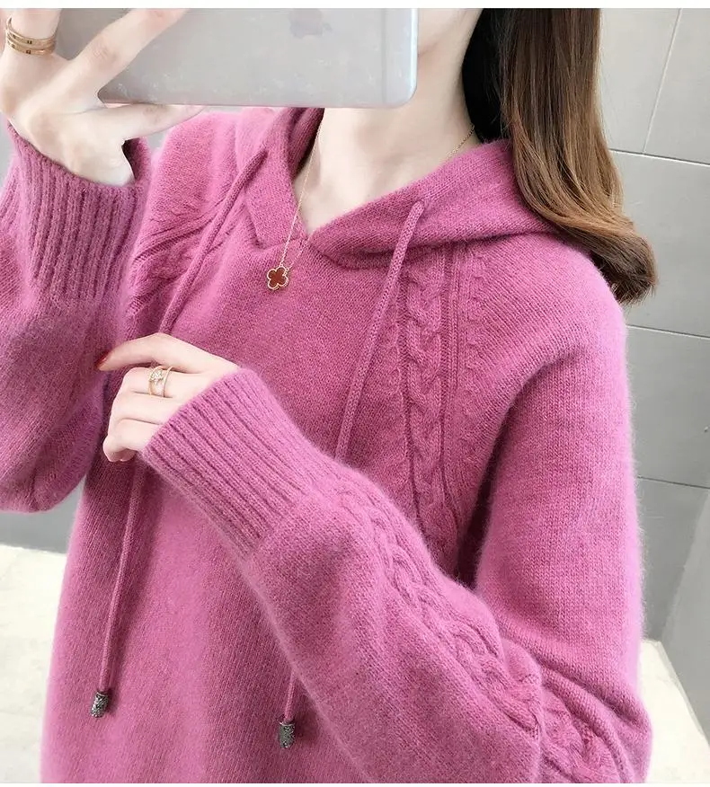

Новинка Осень-зима 2022 женский свободный Модный повседневный пуловер с капюшоном и длинными рукавами корейский стиль вязаный свитер