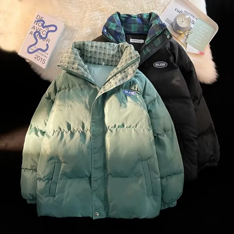 Oversize Parka Coat Winter Warm Patchwork Plaid Jacket Stand Collar Long Sleeve Thick Fashion Street Retro Jacket Women 2022