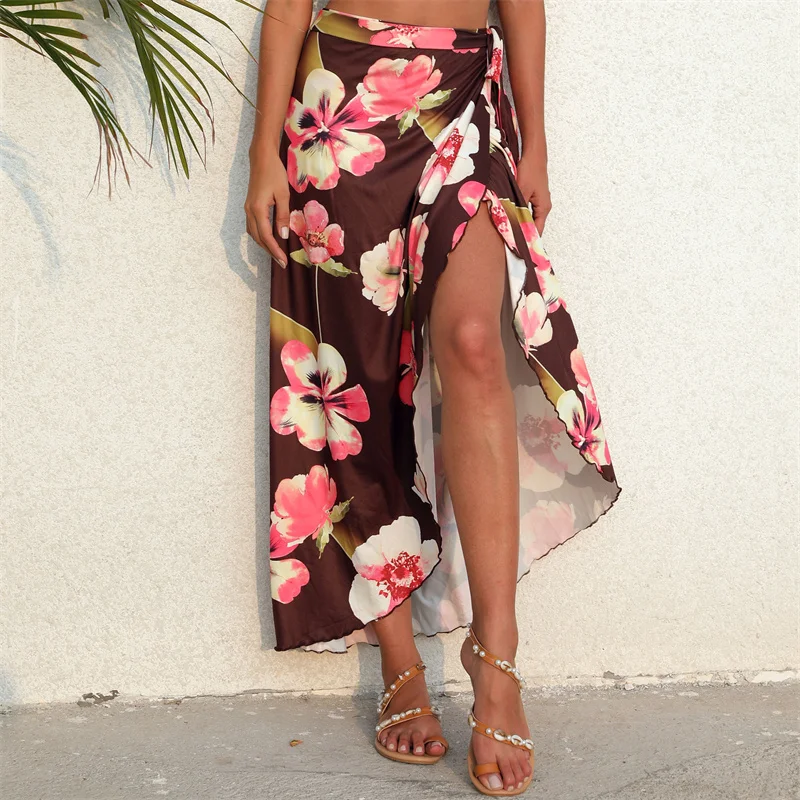 

Женская пляжная Макси-юбка hirigin, длинная юбка в стиле бохо с цветочным принтом, на завязках, бикини с завышенной талией, 2022