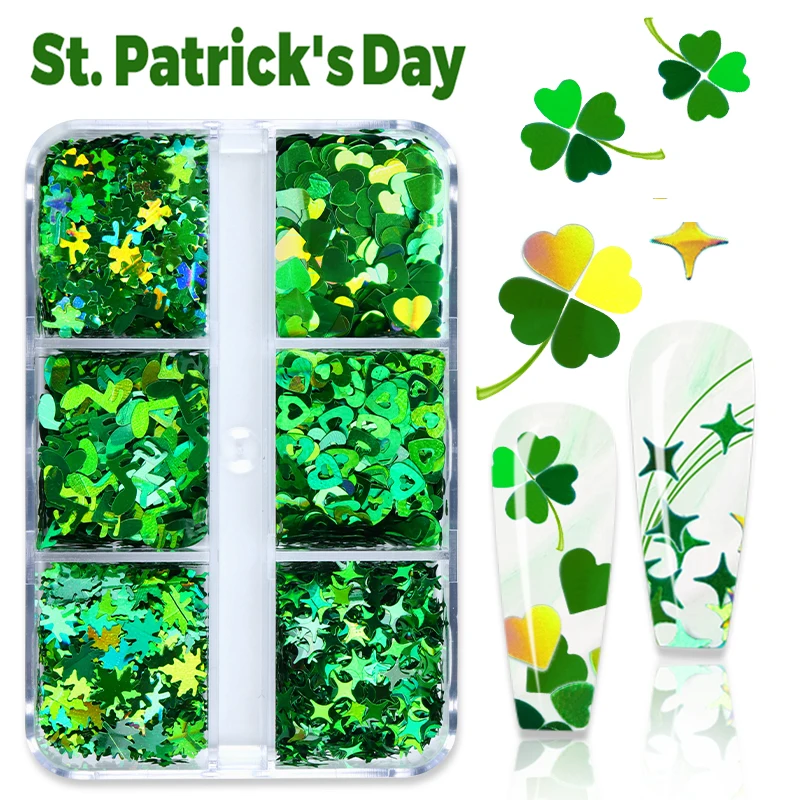 

Green St. Patrick's Day Nail Art Glitter Sequin Set Flake Four Leaves Clover Manicure Decor Accessories Professional Supplies