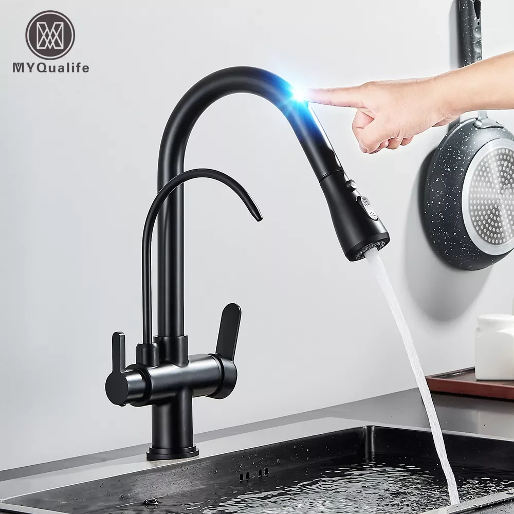 

Black Touch Sensor Filter Water Kitchen Faucet Put Out Dual Handle Three Modes Hot Cold Drinking Water Sink Mixer Taps