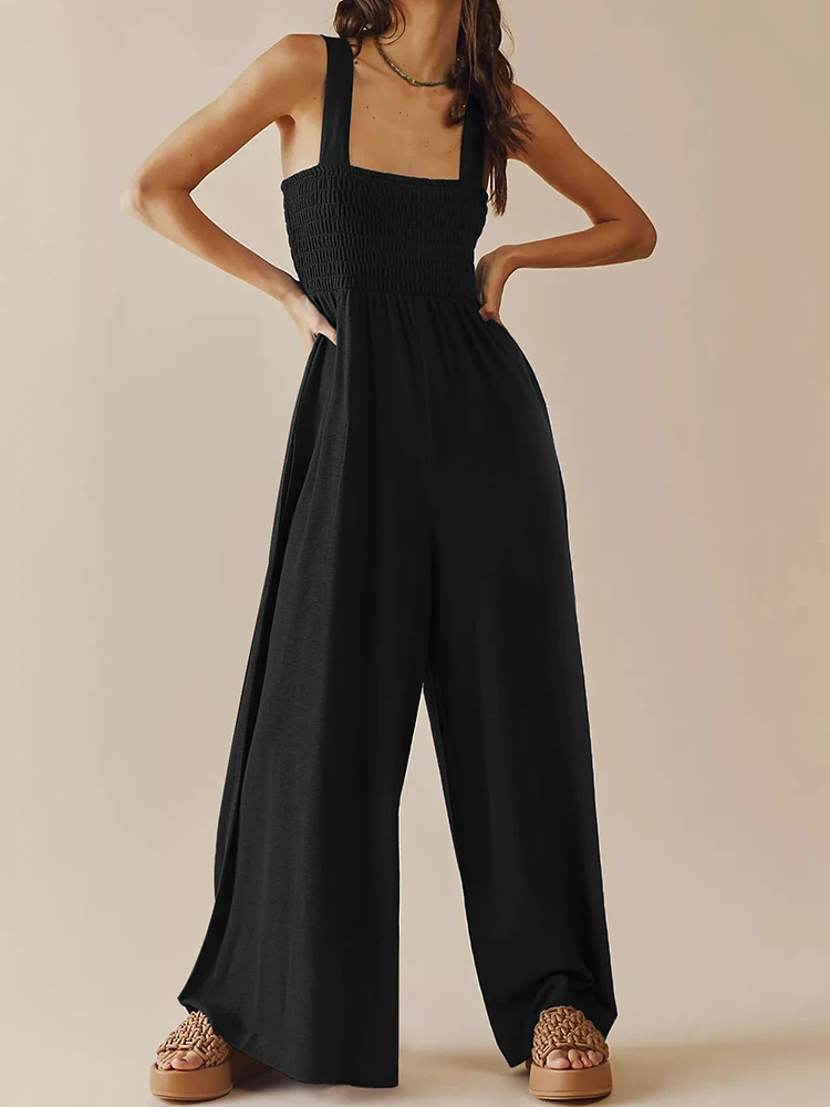 Bohemian Solid Long Jumpsuit Women Elegance 2023 Summer Sleeveless Casual Loose Wide-leg Trousers Smocking One Piece Outfit