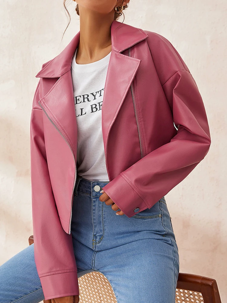 

FTLZZ New Spring Autumn Women Fashion Turn-down Collar Faux Leather Jacket Lady Casual Loose Zipper Moto Biker Short Pu Coat