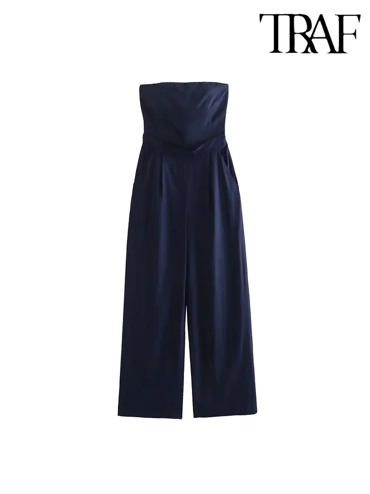 

Женский льняной комбинезон без бретелек, с широкими штанинами