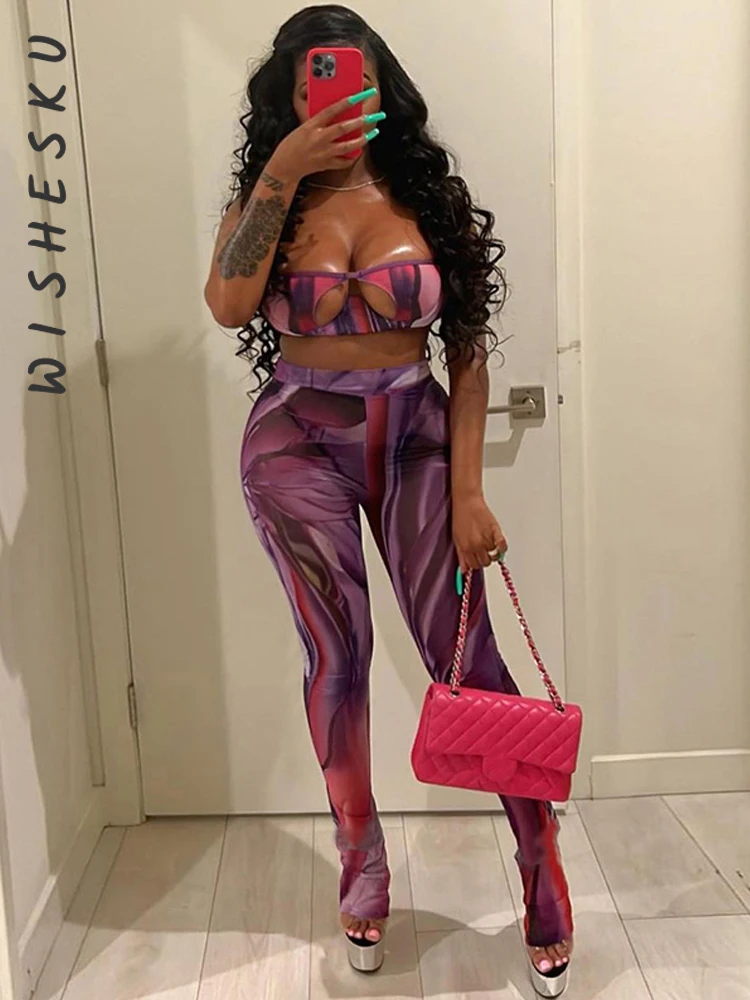 

Two Piece Set Women Mesh Print Tracksuits Sexy Spaghetti Strap Cropped Camisole Top+High Waist Pencil Pants 2022 Summer