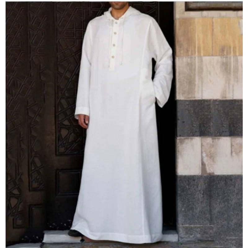 Muslim Arabic Man Jubba Thobe Hooded Muslim Robe Male Robes Abaya Men Thobe Dubai Saudi Arab Kaftan Islamic Clothing Musulmans