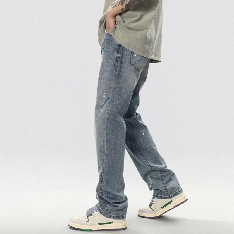 American Street Fashion Men Jeans Retro Blue Painted Designer Ripped Jeans Men Straight Trousers Casual Loose Denim Pants Hombre