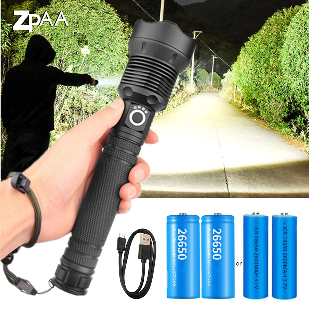 

USB Powerful Xhp70.2 Flashlight Torch Super Bright Rechargeable Zoom LED Tactical Torch Xhp70 18650 or 26650 Battery Camp Lamp