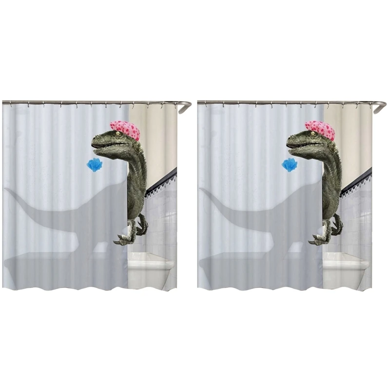

2X Lovely Bathing Dinosaur Print Shower Curtain Waterproof Bathroom Curtain Shower Accessories Bath Curtain 180X180cm