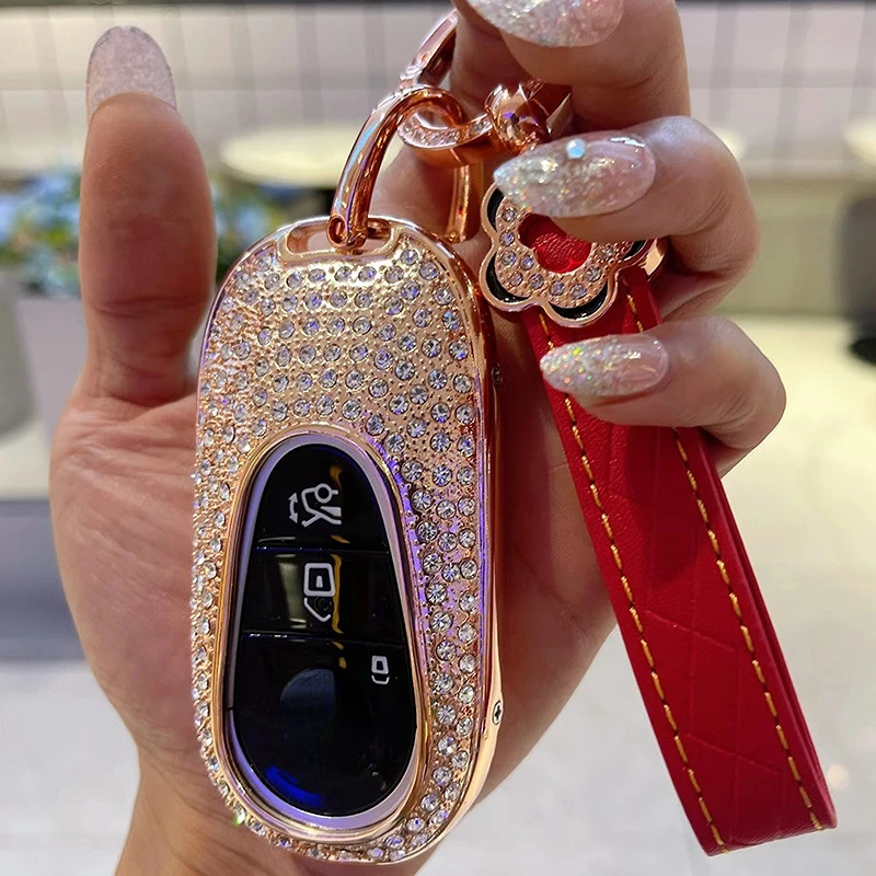 

For Benz C200L C260L GLC ES Rose Metal Inlaid Diamond Key Case Key Chain Car Accessories