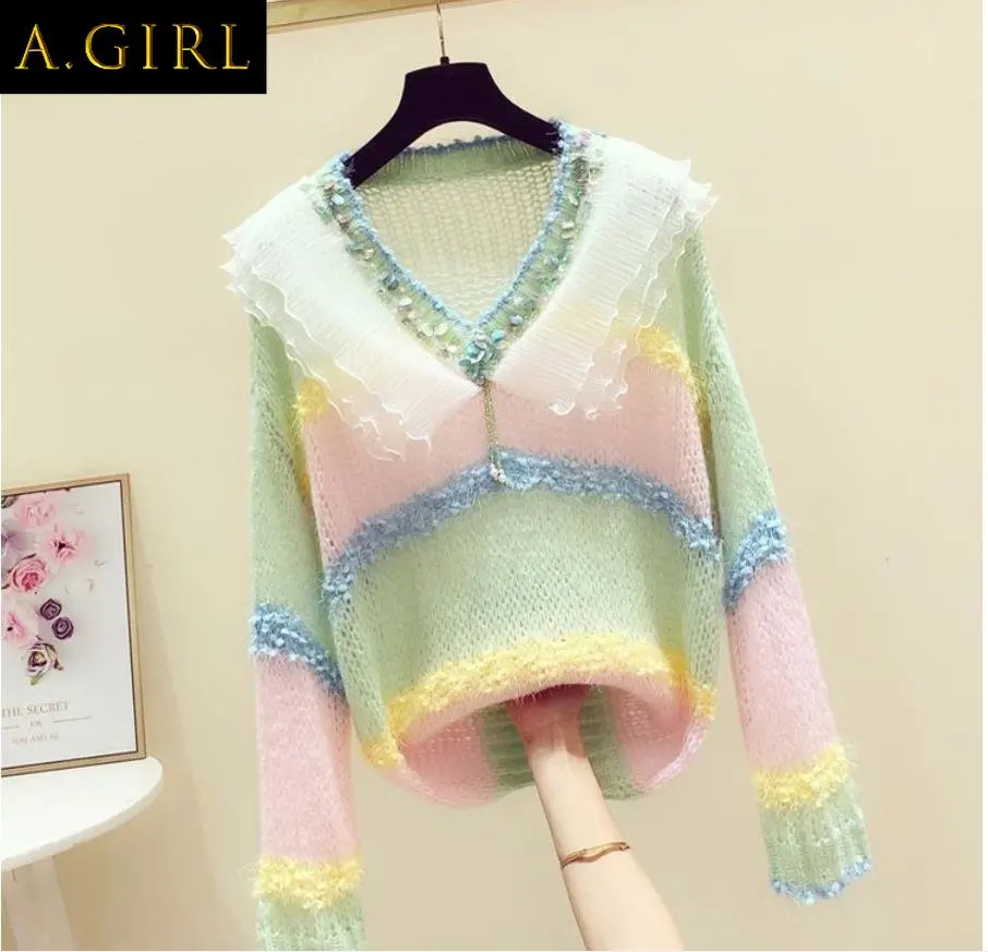 

A GIRLS New Winter Casual Sweater Ruffled V-Neck Long Sleeve knitwear Spring New Women's Sweet And Western Style Rainbow Matc