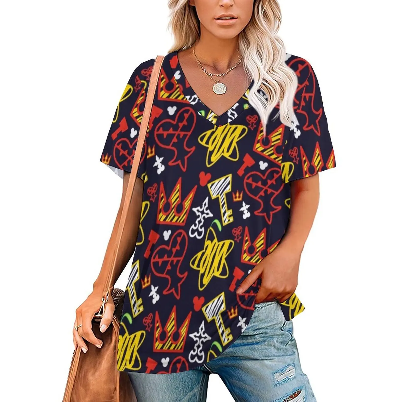 

Футболка Kingdom Hearts женская оверсайз с V-образным вырезом и коротким рукавом