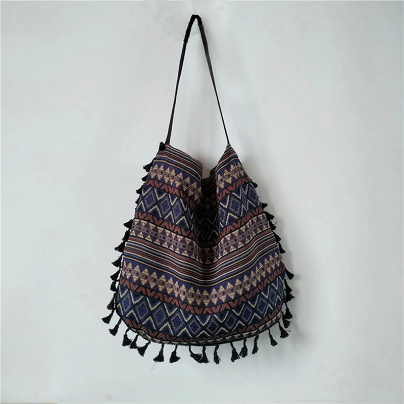 

Vintage Bohemian Tassel Shoulder Bag Women Nation Style Fringed Stripe Large Capacity Handbags Bag