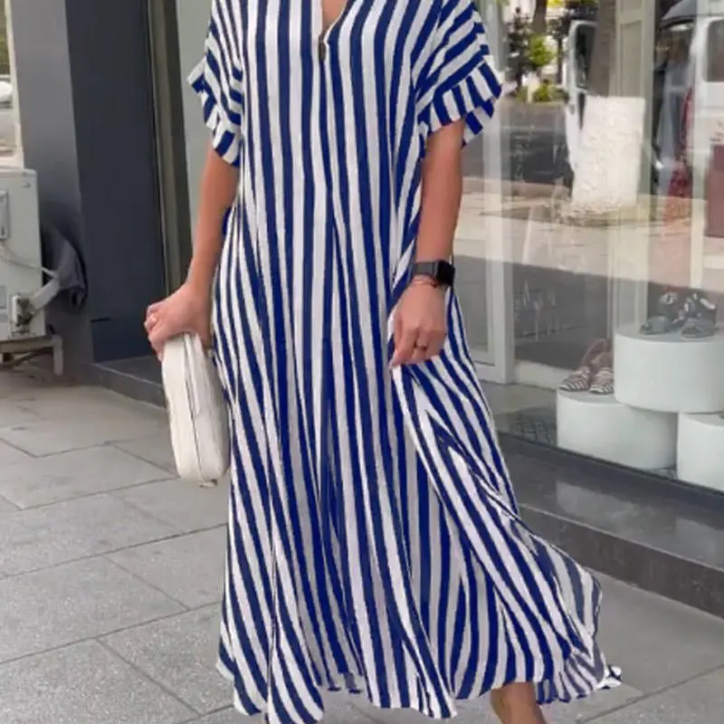 

Short Sleeved Elegant Dresses For Women 2023 Summer New Fashion Korean Side Slit Stripe Loose Casual V Neck Long Dresses Lady