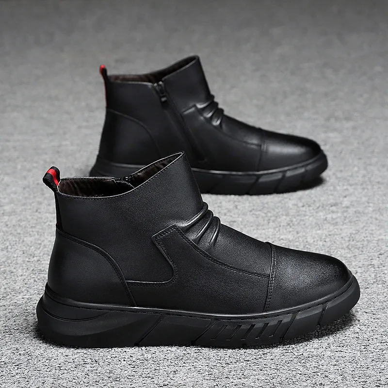 

Men's Leather Boots Fall 2022 New Men's Shoes Fashion Martin Boots Men's Low Top Black Side Zipper Plus Velvet Warm Boots