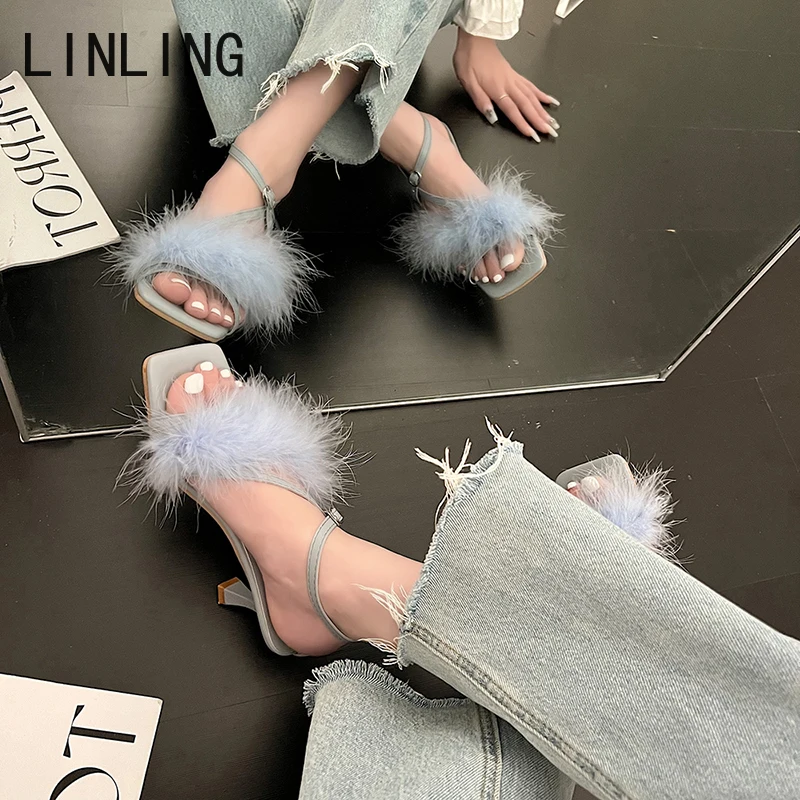 

2022 Summer Fluffy Fur Sandals Women Fashion Outdoor Party Pumps Sandalias Mujer Thin Heel Ladies Open Toe Shoes