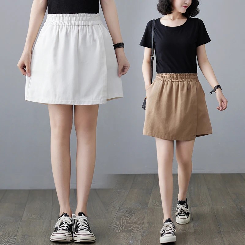 Women Cotton Shorts Skirts 2023 New Summer Korean Style High Waist Oversized Fake Two Pieces A-Line Casual Loose Wide Leg Pants