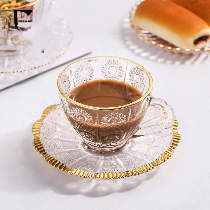 

Northern Europe Glass Mug Desktop Golden Stroke Breakfast Milk Cups Light Luxury Relief Coffee Cup Modern Home Decoration