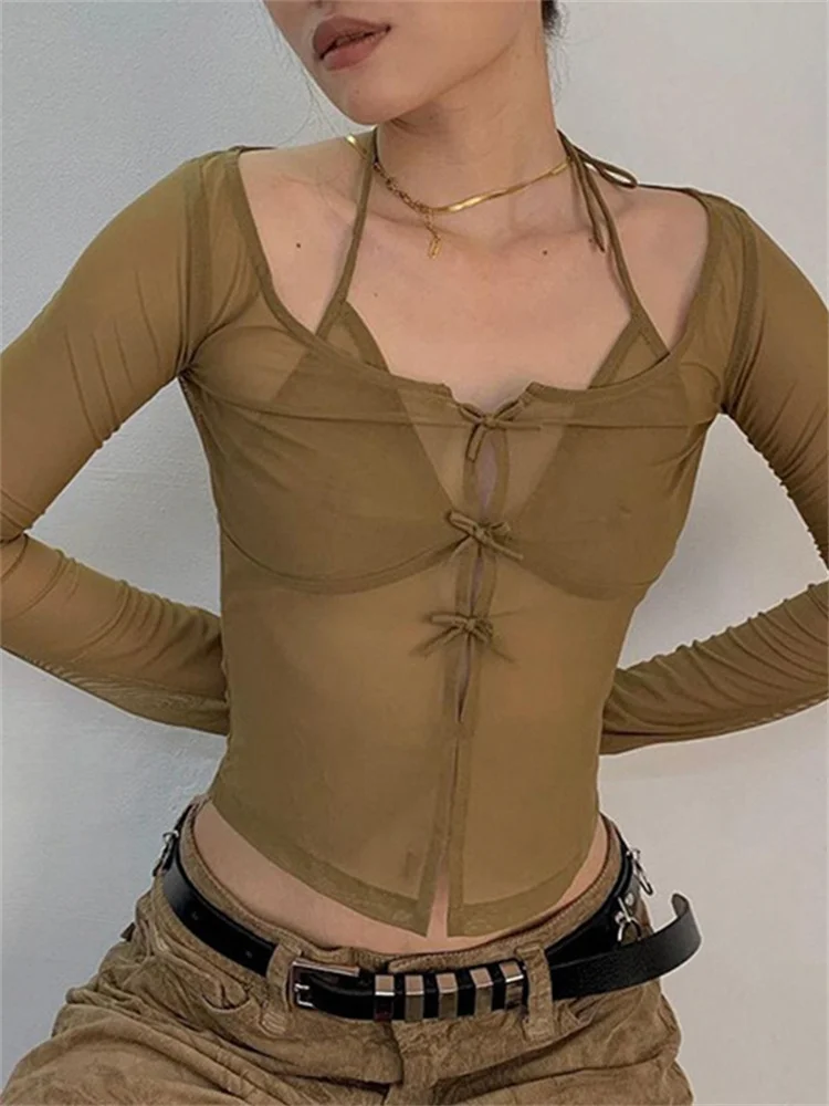 

hirigin Y2K Kawaii Bow Hollow Out T-shirts Halter Camis Crop Tops Harajuku Grunge Mesh Sheer See Through Tees Shirts Women 2022