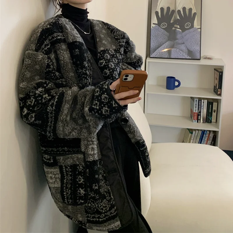 Women's Parka Coat Fashion Print Winter Jacket Loose Round Neck Warm Thick Lamb Wool Thicken Jacket Casual Streetwear Women