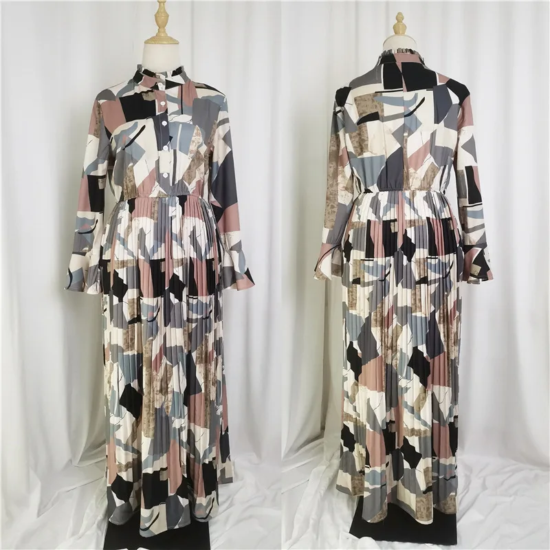 Muslim Dress Women Loose Geometric Print Pleated Dress Women Stand Collar Long Sleeve Single Breasted Dress Arabic Abaya Robe