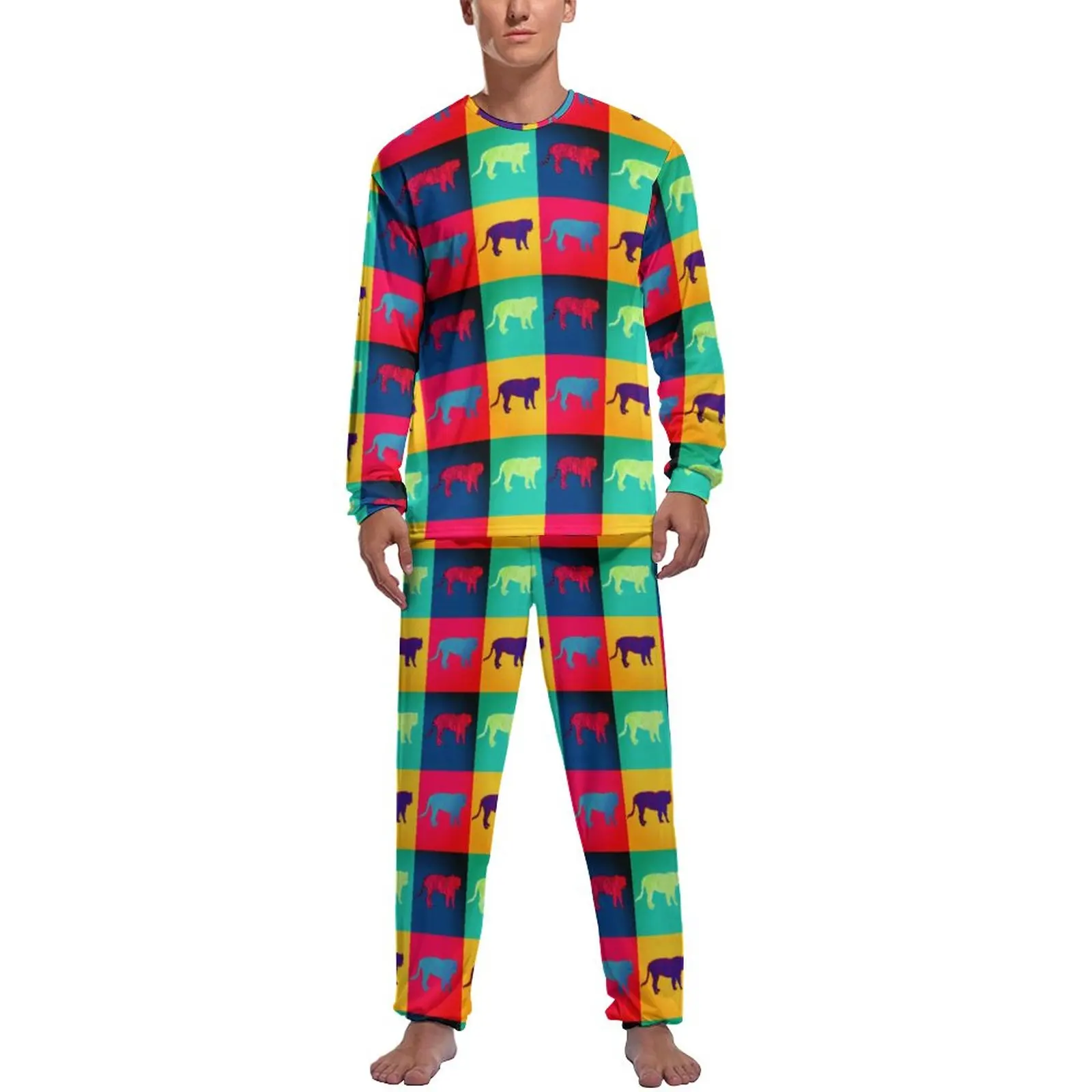 Colorful Tiger Pajamas Long Sleeves Pop Art Style 2 Piece Bedroom Pajamas Set Autumn Mens Graphic Kawaii Nightwear