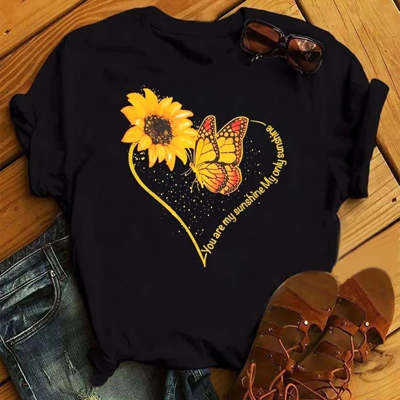 

Maycaur New Kawaii Women Sunflower Butterfly Print Black T-Shirts Casual Short Sleeve Tops Cartoon Graphic Clothes Female Tees