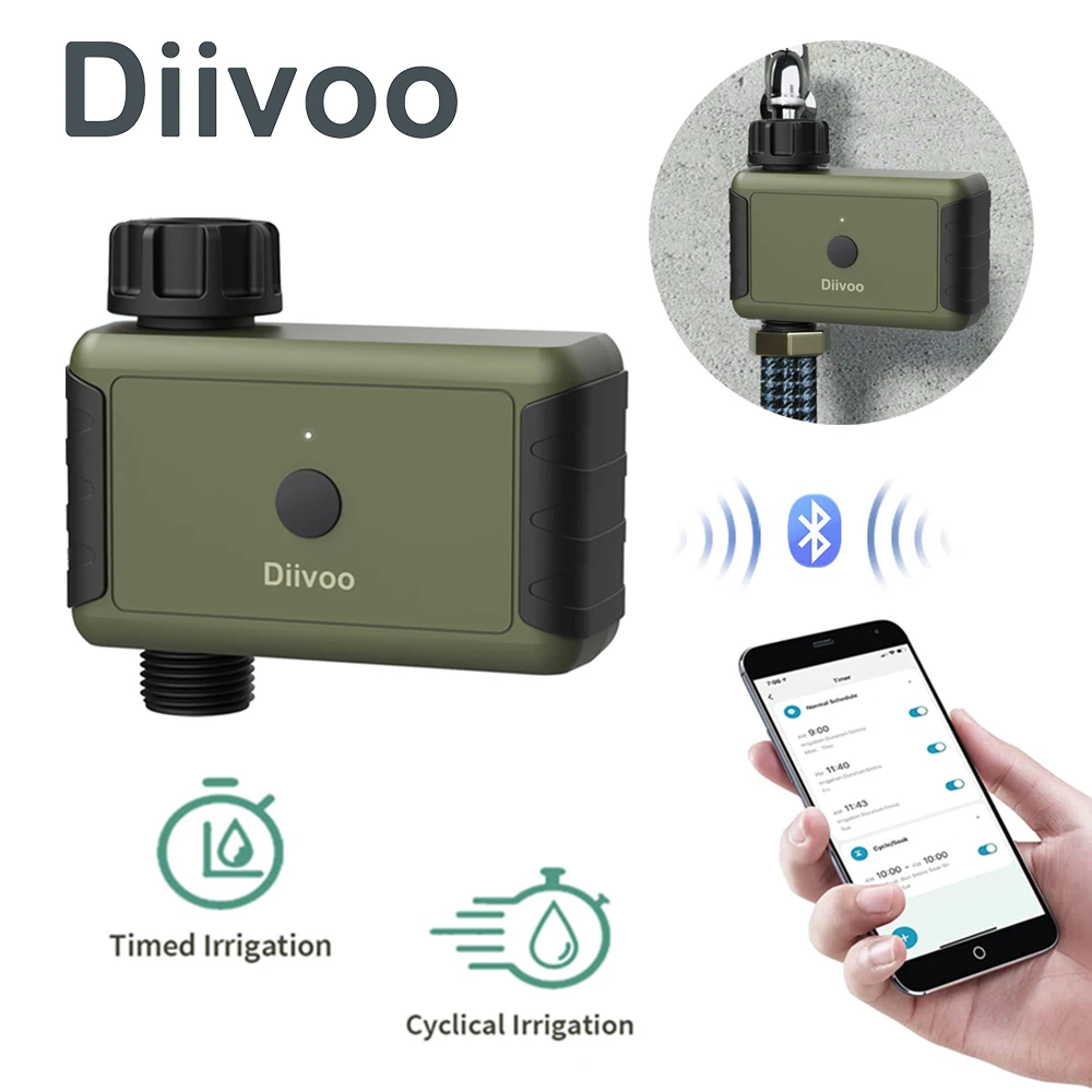 

Diivoo Bluetooth Sprinkler Timer with Timed/ Cyclical Irrigation Modes, Smart Water Timer with Rain Delay and Manual Watering