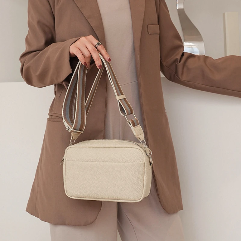 

Solid PU Leather Phone Purses Handbags Women Wide Fabric Strap Crossbody Bag Ladies Daily Use Zipper Crossbody Shoulder Bag