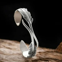 creative punk fashion silver color retro feather bracelet bangle for women men open charm cuff cheap bracelet couple jewelry