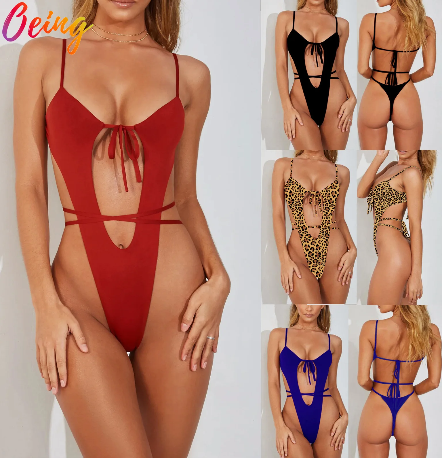 

OEING Sexy One Piece Cami Hollow Out Lace Up Women Bodysuit Beachwear Swimming Bikinis Push Up Brazilian Bathing Suit Biquinis