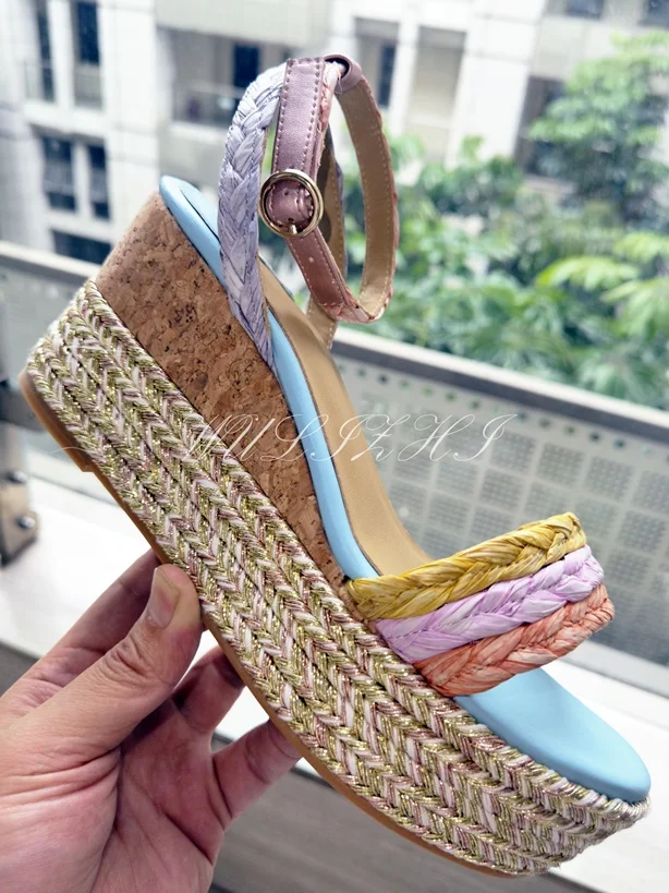 Women Rainbow Espadarille Low Wedge Sandals Open Slingback Buckle Glossy Heels Straw Hollow Bling Riband Casual Mixed Color Shoe