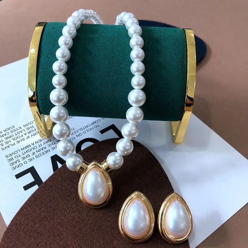 

Glass Pearls Choker Jewelry Set Teardrop Sweet Romantic Accessories For Women
