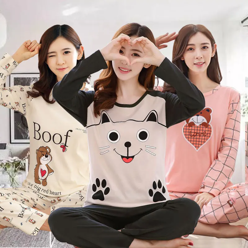 Autumn Thin 2pieces Pyjamas Set Women 2022 Cotton Round Neck Girls Pajamas Sets Teacup Cat Full Sleepwear Clothess Sleep Tops
