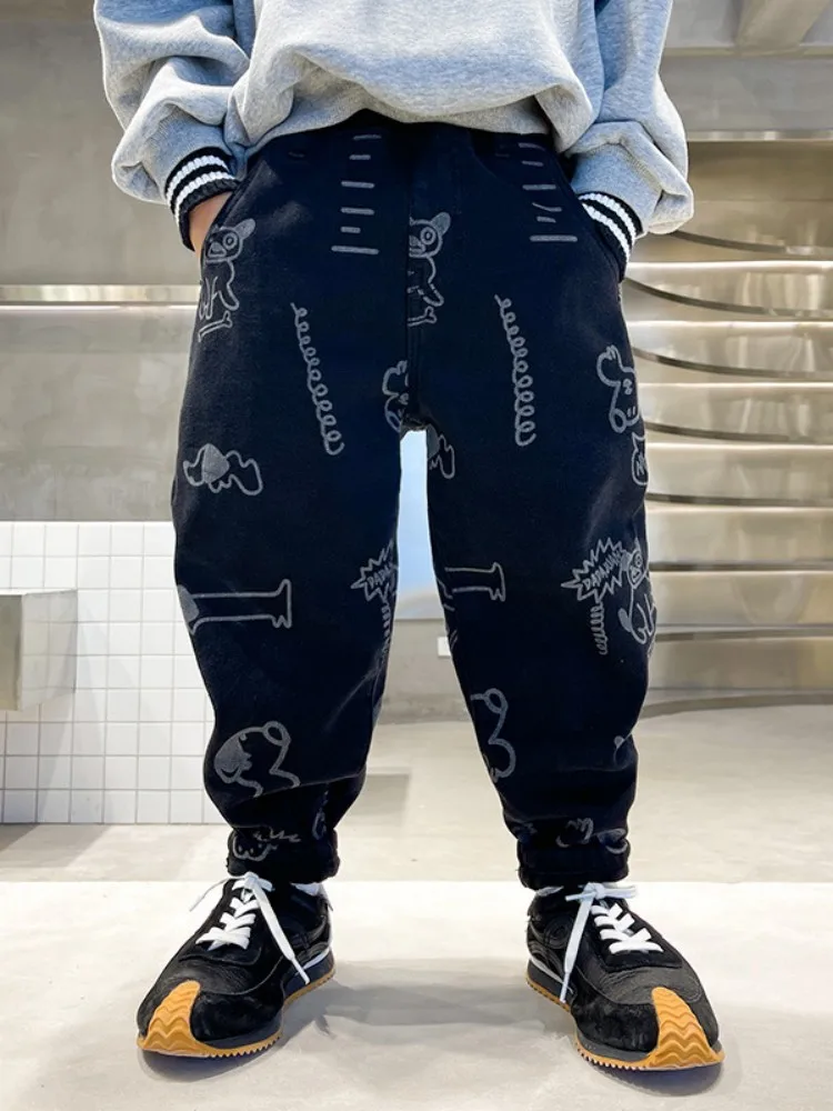 

Large Children's Jogging Pants Boys' Jeans Stretch Cartoon Print Jeans Versatile Winter New Warm Loose Fashion Casual Pants