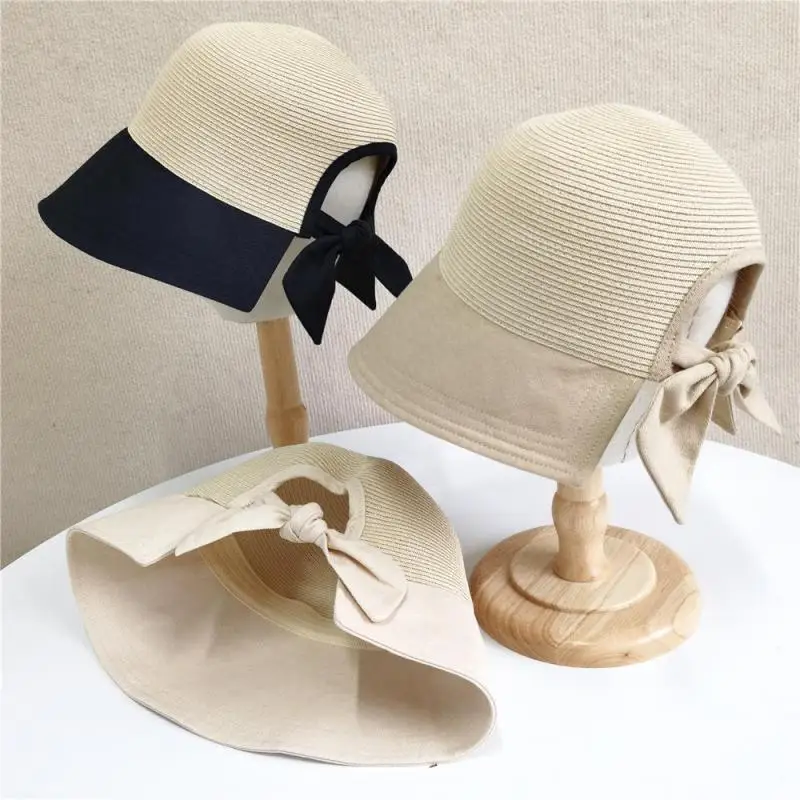 

Kpop Big Wide Brim Beach Hat For Women Back Opening Patchwork Straw Hats Summer Adjustable Bow Sun Hat Girls Vacation Beach Hat