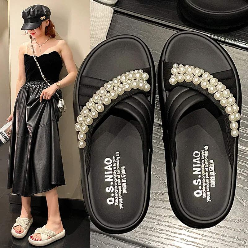 

Женские туфли на плоской подошве, элегантные Шлепанцы из ПУ кожи, с блестками, на платформе и расширяющемся книзу каблуке, с цветами, с кристаллами, лето 2023